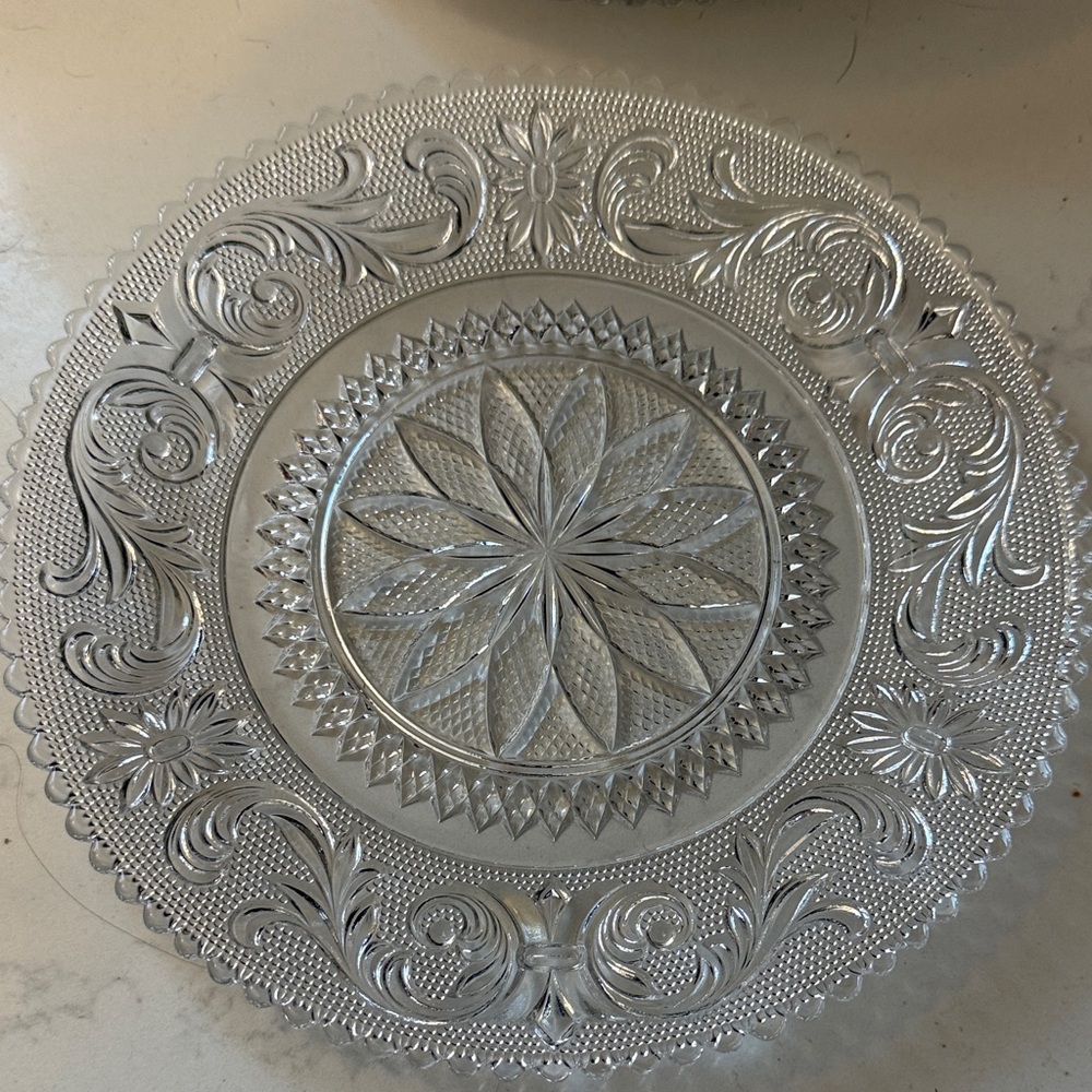 Set of 2 vintage elegant glass salad lunch plates intricate pressed glass 8”